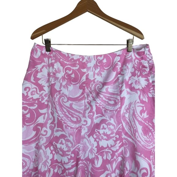CHAPS Pink/White Abstract Floral Skirt Size 14 Cotton With Cotton Lining Gored - Picture 2 of 9